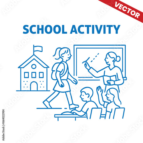Outline Graphic Illustration of School Activity: Teacher Conducting Math Lesson with Students and School Building in View