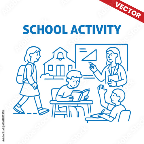 School Activity Outline Graphic Illustration: Teacher Teaching, Students Studying, and School Building Visible in Background