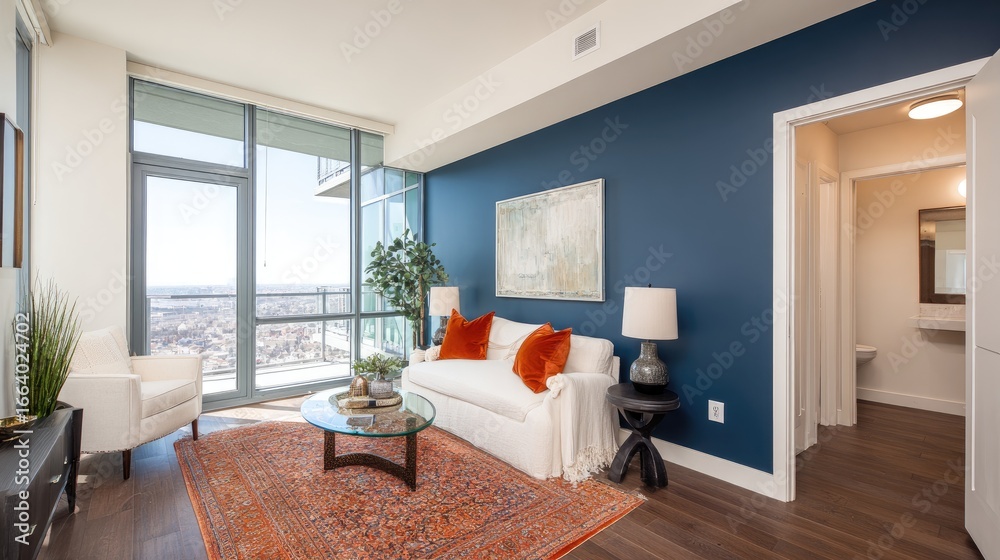 Fototapeta premium Modern living room with city views.