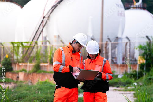 Two diverse engineers in safety gear collaborate with a laptop at a natural gas storage facility. A concept for teamwork, on-site inspection, and the oil and gas industry.