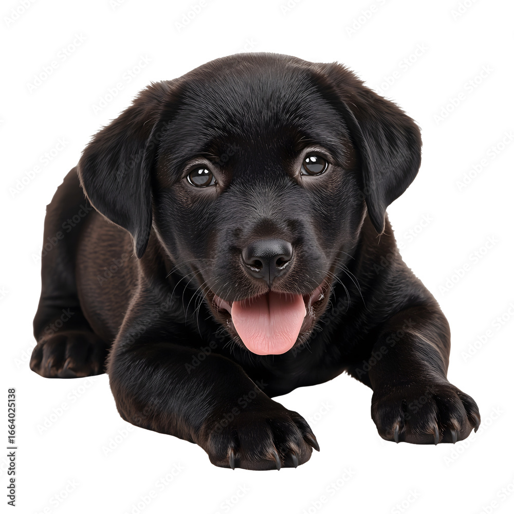 Obraz premium Adorable Black Labrador Puppy Lying Down Isolated on White Background Cute Dog Pet Animal Friendly Companion Canine Portrait