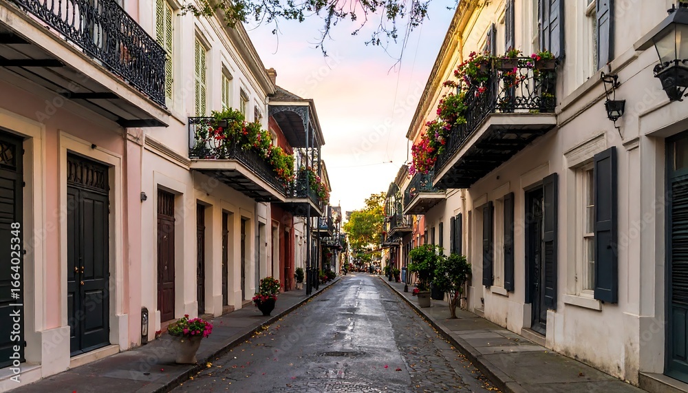 Obraz premium A tranquil street scene unfolds, showcasing charming, pastel-hued buildings with ornate balconies and vibrant flower displays.