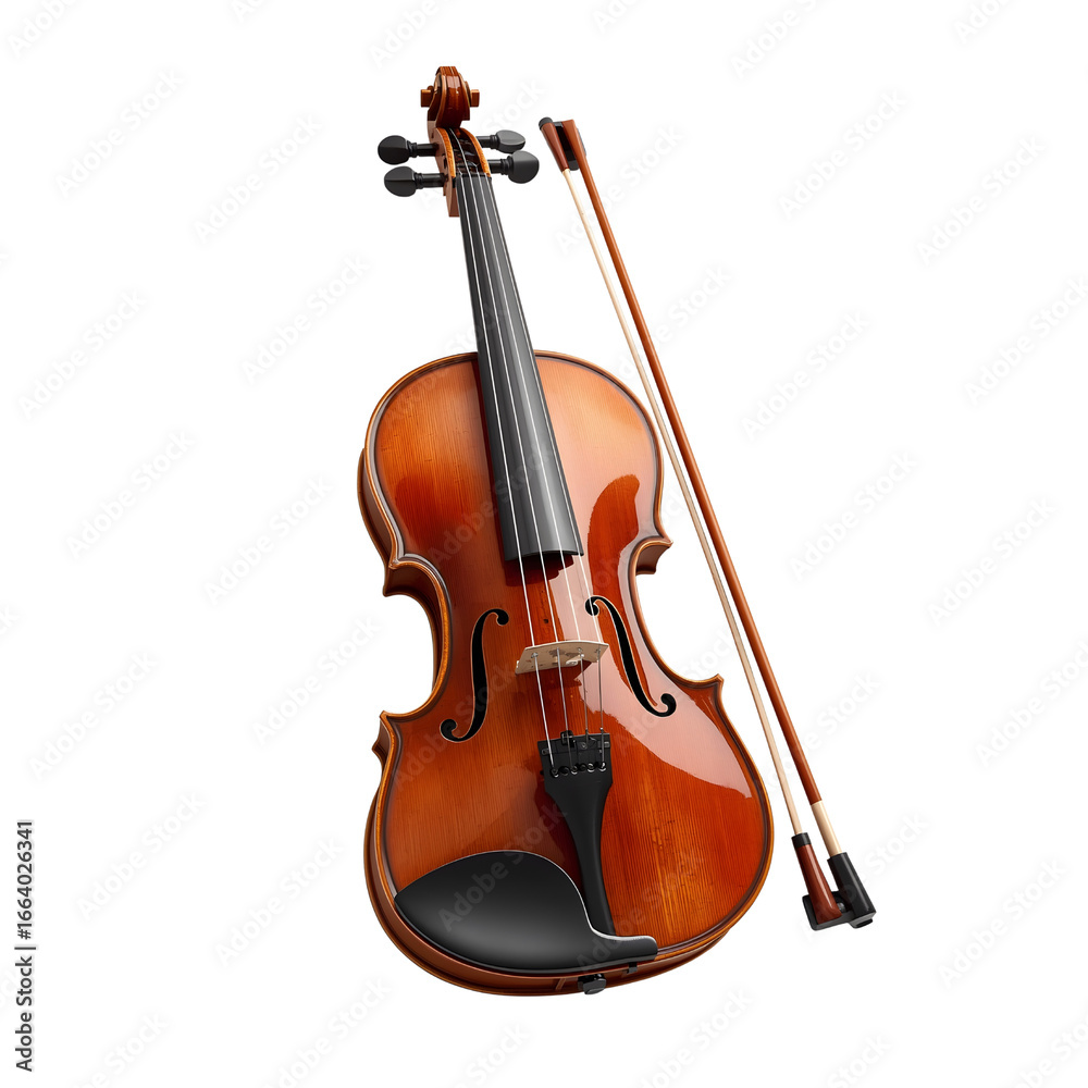 Fototapeta premium Classic Wooden Violin with Bow Isolated on White Background Musical Instrument String Instrument Orchestra Performance Music Concept