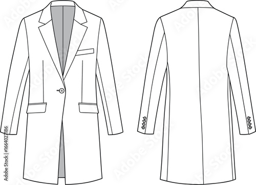 Flat sketch of men's long blazer coat, front and back view, fashion technical drawing, vector apparel template, tailored jacket design