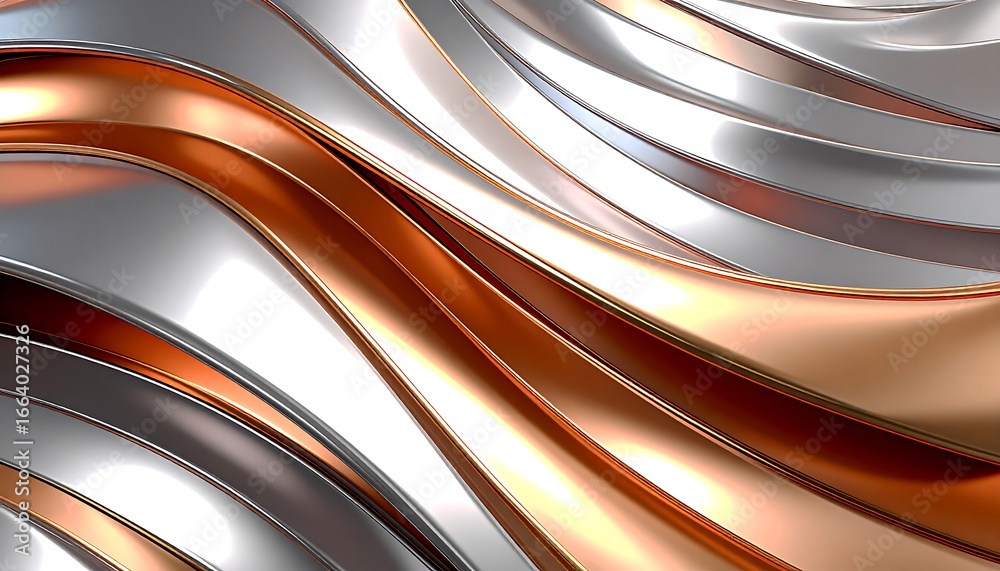 Obraz premium A dynamic composition of flowing, metallic copper and silver ribbons creates an abstract design.