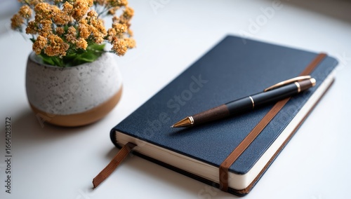 A navy blue notebook with a leather band and gold pen rests on a white surface beside a small pot of dried yellow flowers