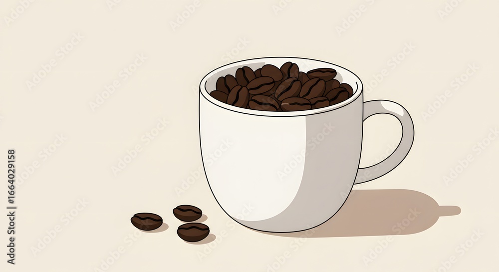 Obraz premium International Coffee Day A Coffee Cup Filled With Roasted Coffee Beans and Scattered Beans Beside It A Simple Illustration