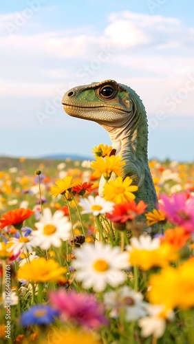 Cute dinosaur in a colorful flower field