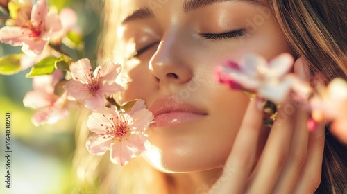 A beautiful woman surrounded by delicate pink spring blossoms