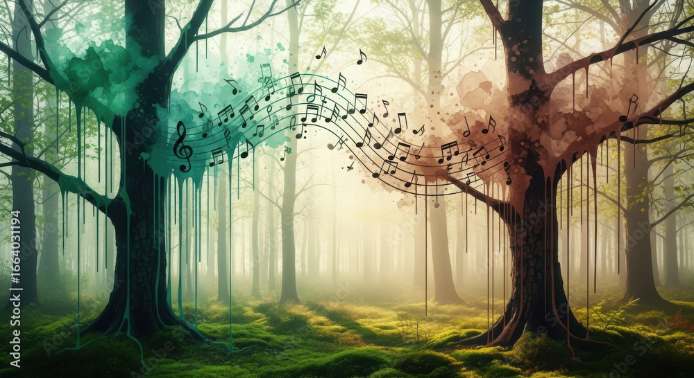Obraz premium Surreal watercolor forest where trees transform into musical notes.