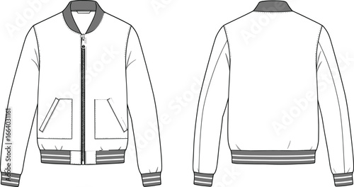 Vector fashion flat sketch of bomber jacket, front and back view, modern varsity outerwear design, stylish template for apparel production