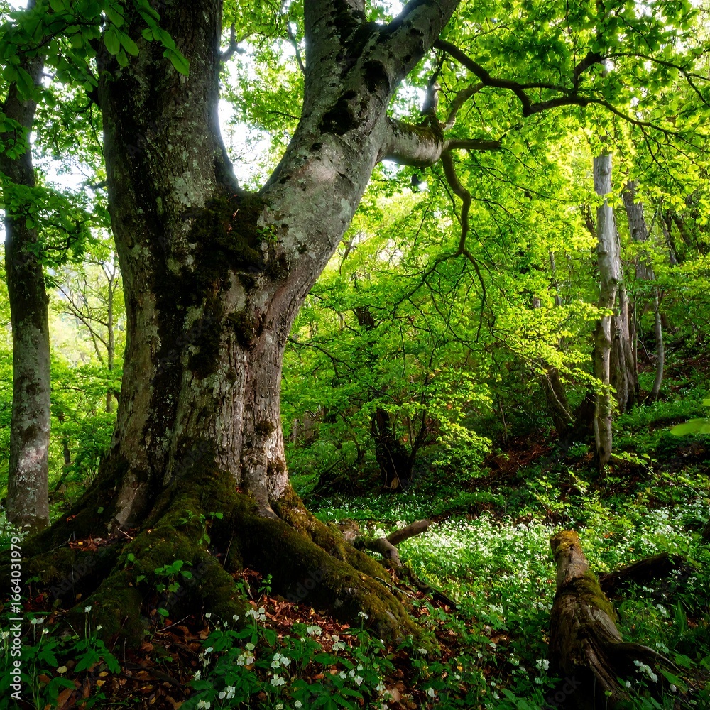 Fototapeta premium Lush forest floor with ancient tree