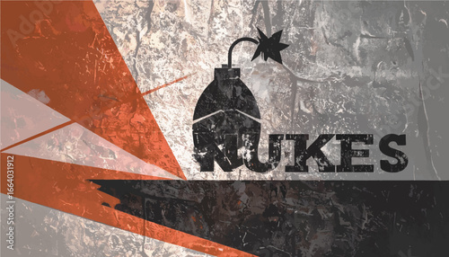 Vintage retro poster design with bold typography ‘No Nukes’ and broken bomb icon crossed out. Propaganda-style artwork symbolizing global peace and nuclear disarmament.