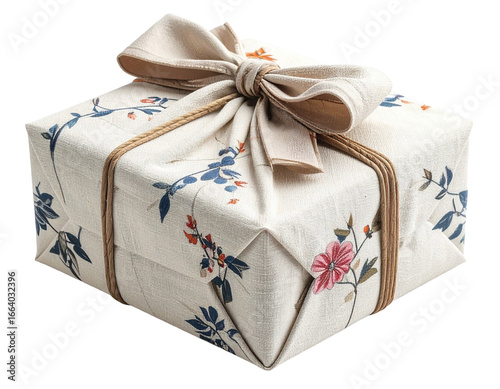 gift box wrapped in bojagi cloth, isolated, plain background, no shadow, PNG element