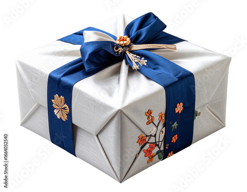 gift box wrapped in bojagi cloth, isolated, plain background, no shadow, PNG element