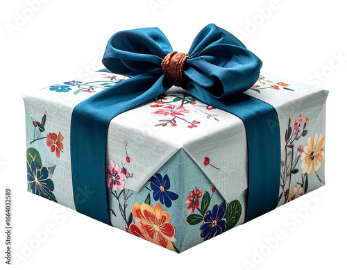 gift box wrapped in bojagi cloth, isolated, plain background, no shadow, PNG element