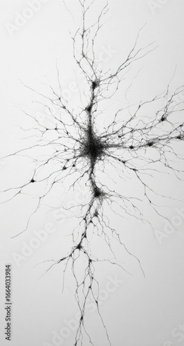 Intricate black neural network structure resembling a branching tree or neuron, detailed with thin lines and nodes against a white background
