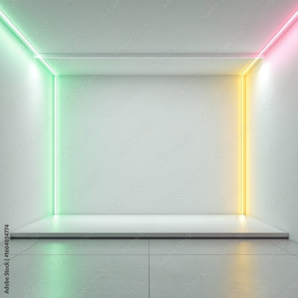 Fototapeta premium Minimalist white room with neon green, pink, and yellow corner lighting, featuring a raised platform