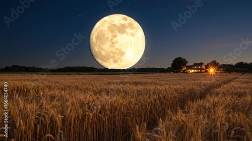 Glowing Harvest Moon Rising Over Rural Farmland with Wheat Fields and Farmhouse Lights in Cinematic 4K UHD