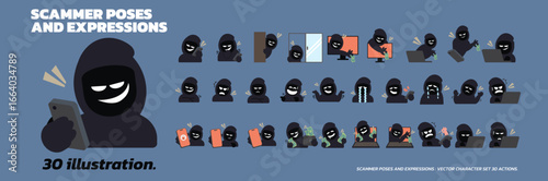 Cartoon Vector Character Set of Scammer Poses and Expressions, 30 illustration