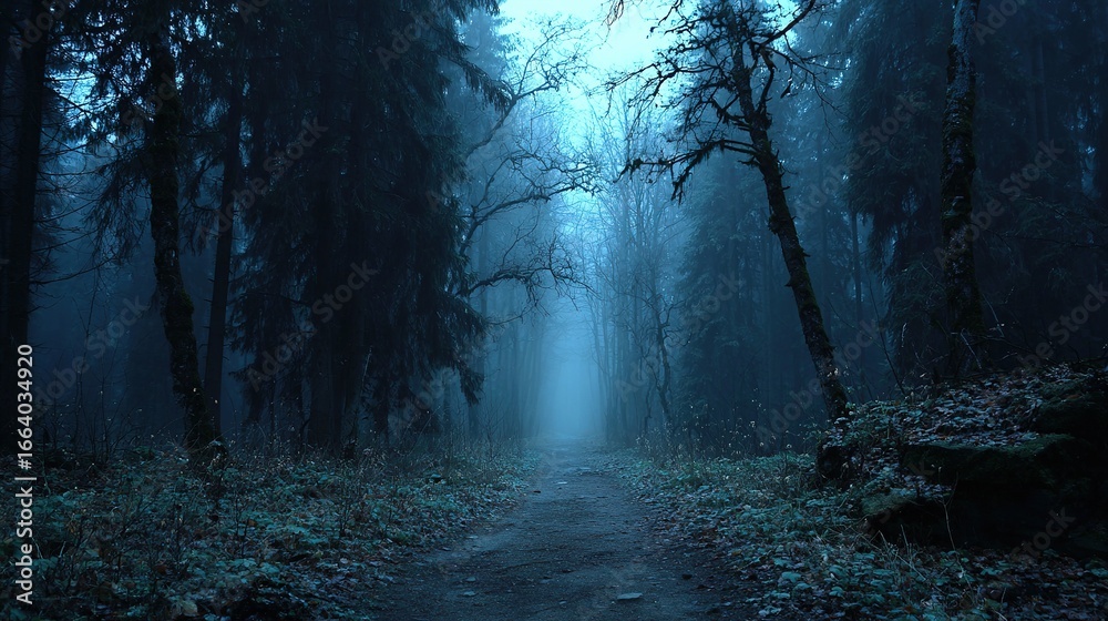Fototapeta premium Creepy Dark Forest with Scary Pathway and Lonely Path