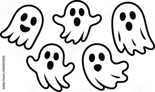 Five cartoon ghosts with black outlines and solid black eyes and mouths