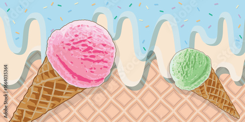 Pink and green ice cream cones on a background of melted sweet liquid flowing