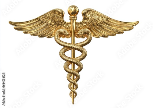Gold Caduceus symbol.  Ornate, 3D rendering of a golden medical emblem, featuring two intertwined serpents wrapped around a central rod.  Large, detailed wings extend from the rod's top.