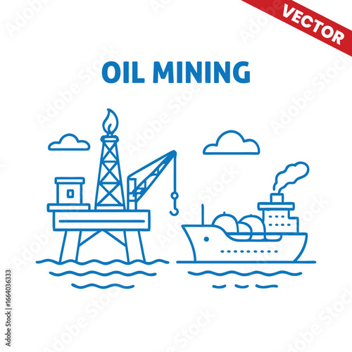 Offshore Oil Rig and Vessel in Oil Mining Operation Outline Graphic Illustration