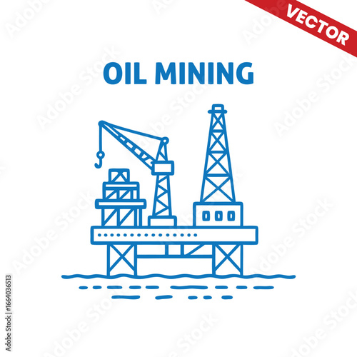Oil Mining Offshore Rig Outline Graphic Illustration with Crane, Tower and Sea, Industry, Production, and Extraction Process in Blue Line Art Style