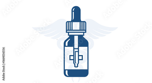 Blue tincture bottle illustration with caduceus symbol for healthcare solutions