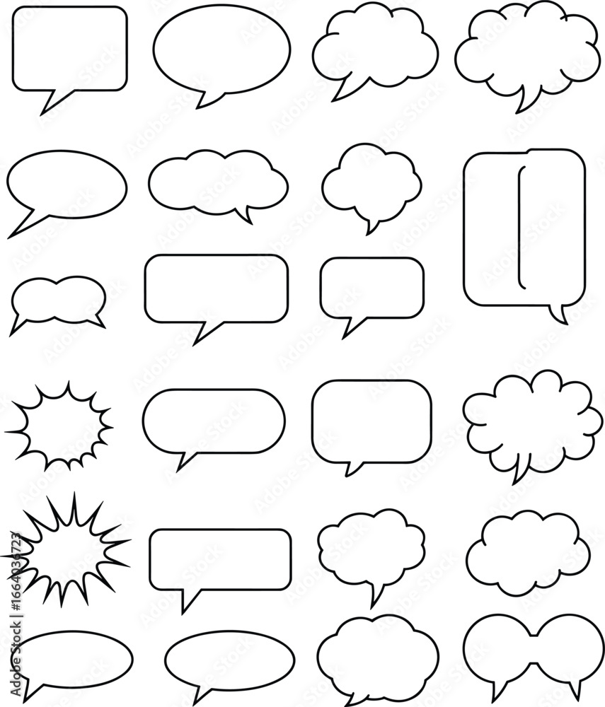 Obraz premium Comic speech bubbles, empty dialogue balloons, blank conversation cloud, cartoon text frame, communication template, doodle outline design, creative message background, vector illustration