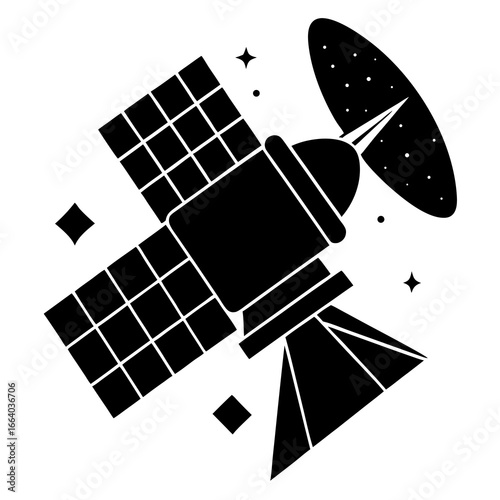 Black silhouette vector illustration of a satellite orbiting in space isolated on white background with bold clean shape for commercial use,
satellite orbit vector,
space tech silhouette,
minimal sate