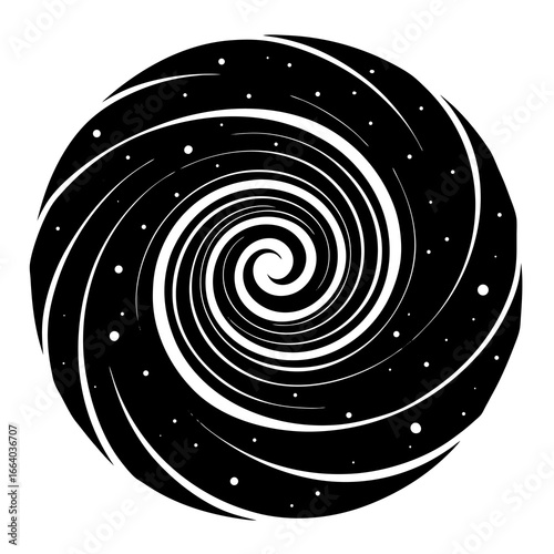 Black silhouette vector illustration of a spiral galaxy isolated on white background with bold clean shape and minimalist modern design for professional use,
galaxy spiral vector,
cosmic swirl silhoue