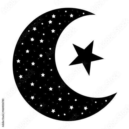 Black silhouette vector illustration of a crescent moon with stars isolated on white background with bold clean shape and minimalist modern design for professional use,
crescent moon vector,
moon and 