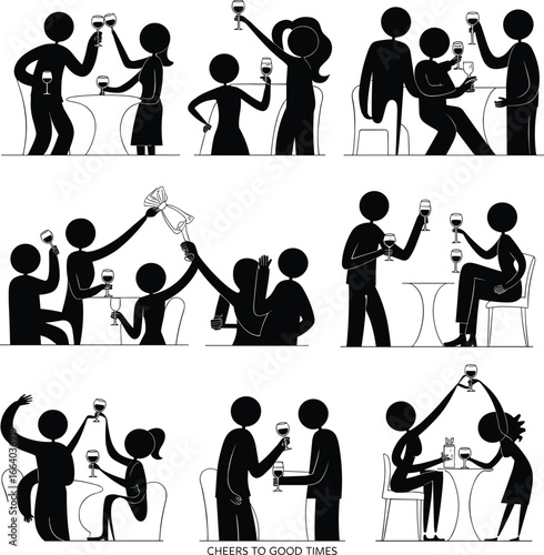 People celebrating together, friends cheering with wine glasses, party silhouettes, drinking alcohol vector, social gathering illustration, bar scene, festive moment, lifestyle