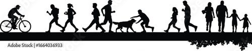 People walking cycling silhouette, family with children, jogging and running, dog walking illustration, outdoor lifestyle activity, urban park concept, healthy living design
