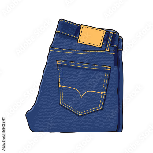 Blue jeans folded in a casual style with yellow stitching  
