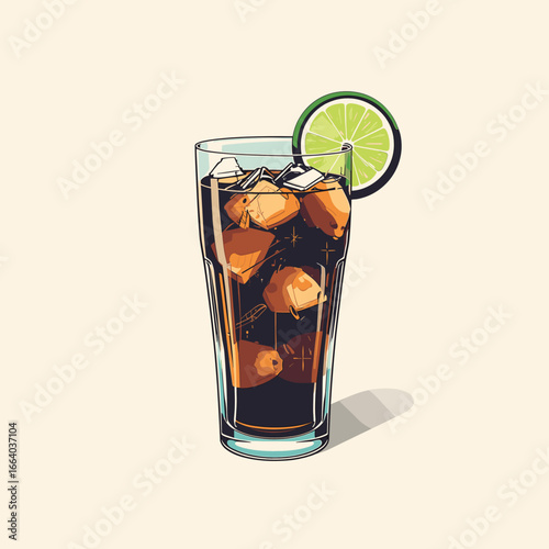 Glass of cola with lime and ice in a tall glass on neutral background  