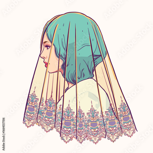 Lace wedding veil with woman illustration in vibrant colors  