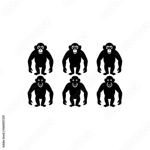6 different chimpanzee silhouette vector icons set