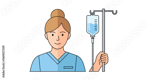 Illustration portraying a nurse with an infusion bag offering care and support during medical