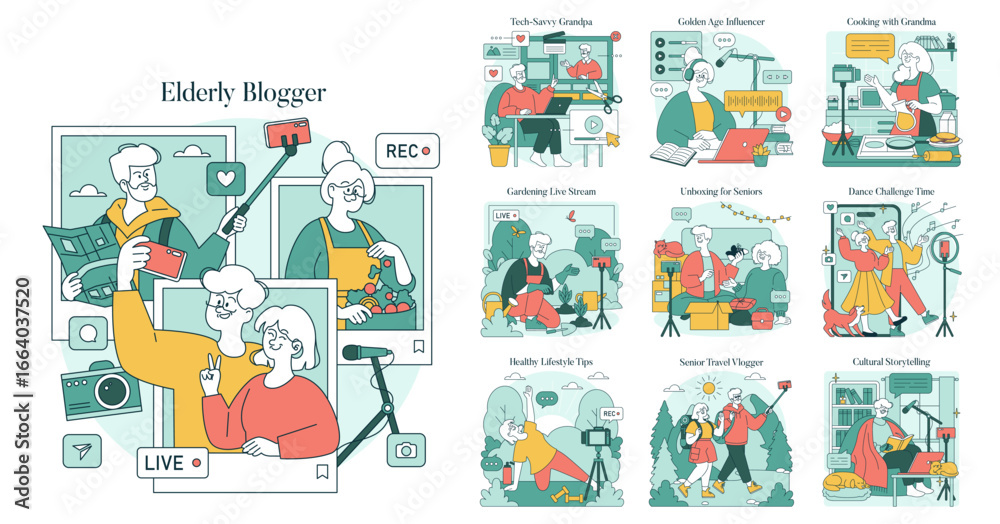 Fototapeta premium Elderly Blogger Vector Illustrations of Engaging Content Creation