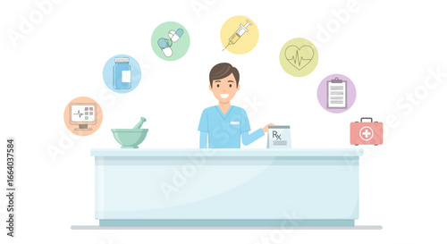 Medical professional at pharmacy counter surrounded by healthcare illustrations