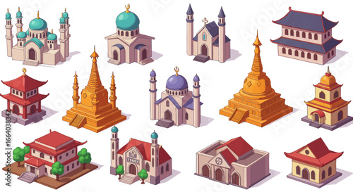 Global Worship Places Vector Icon Set Unique Religious Buildings on White Background