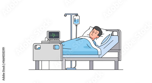 Illustration of a male patient resting in a hospital bed with medical equipment