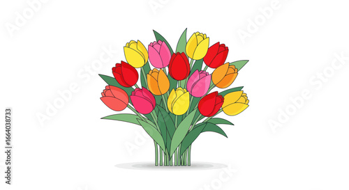 Vibrant tulip bouquet illustration with soft outlines and mixed hues suitable for spring designs