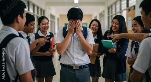 Distress boy teasing by other schoolmate in school, the image depict social issue of bullying in school