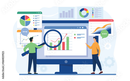 Business team people working for data analytics research and monitoring on the web report dashboard monitor. Business finance investment planning concept. Vector illustration.