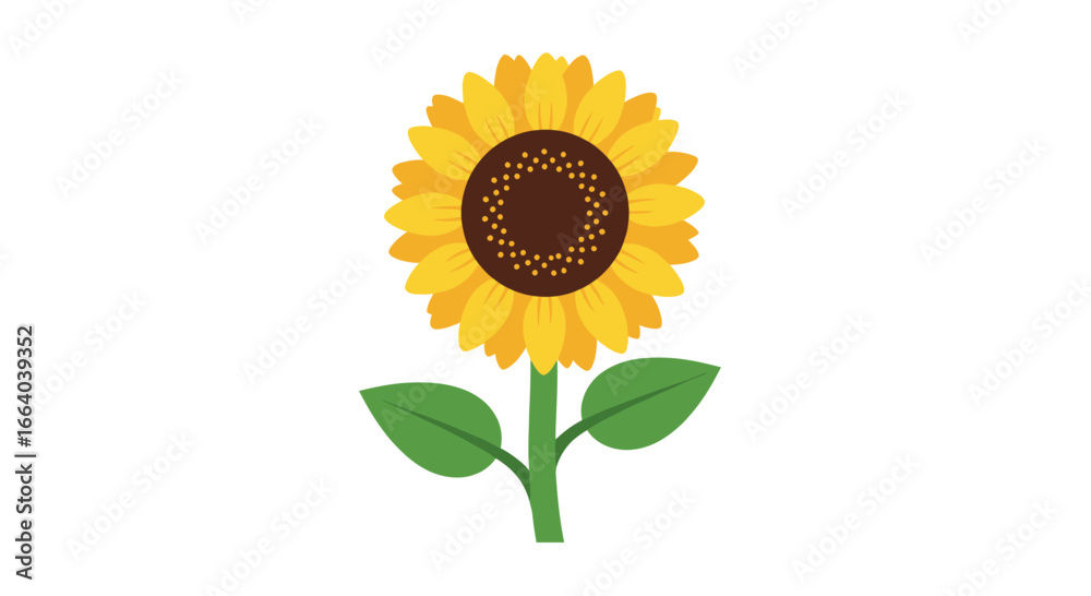 Obraz premium Cheerful sunflower illustration with bright yellow petals and verdant leaves on white backdrop